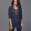 Fashion Nvay Blue Embroiedry Pattern Y Shape Collar Decorated Loose Half Sleeve Blouses