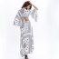 Vintage White Flower  Pattern  V Neckline Three Quarter Sleeve split Long Dress SuitsL