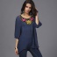 Casual Navy Embroidery Pattern Decorated Three Quarters Sleeve Long Blouse