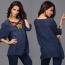 Casual Navy Embroidery Pattern Decorated Three Quarters Sleeve Long Blouse