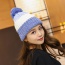 Elegant Blue+beige Fuzz Ball Decorated Color Matching Knitting Hat