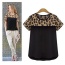 Fashion Black Leopard Print Pattern Decorated Short Sleeve Patchwork Chiffon T-shirt