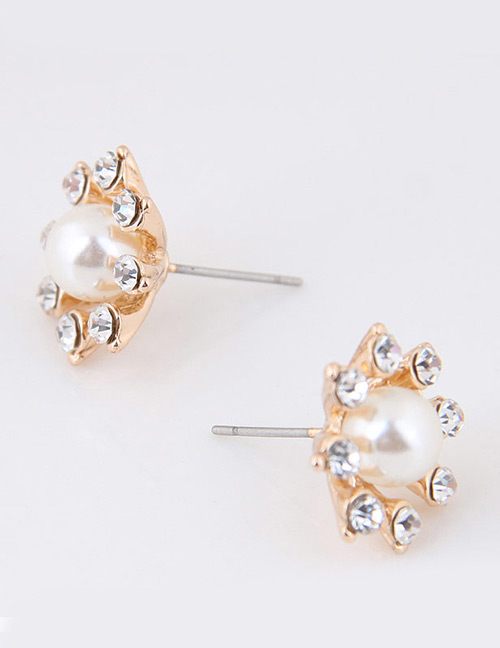 Sweet Gold Color+white Diamond&pearl Decorated Simple Earrings