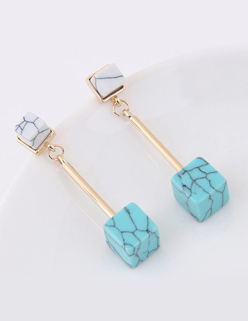 Sweet Blue Square Shape Gemstone Decorated Pure Color Earrings