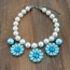 Fashion Blue Pearls Decorated Flower Shape Design Short Necklace