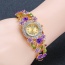 Fashion Gold Color+purple Flower Decorated Hollow Out Design Color Matching Watch