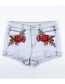 Trendy Light Blue Embroidery Flower Decorated Hollow Out Simple Shorts