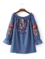 Lovely Blue Embroidered Fabric Shape Decorated Simple Off Shoulder Blouse