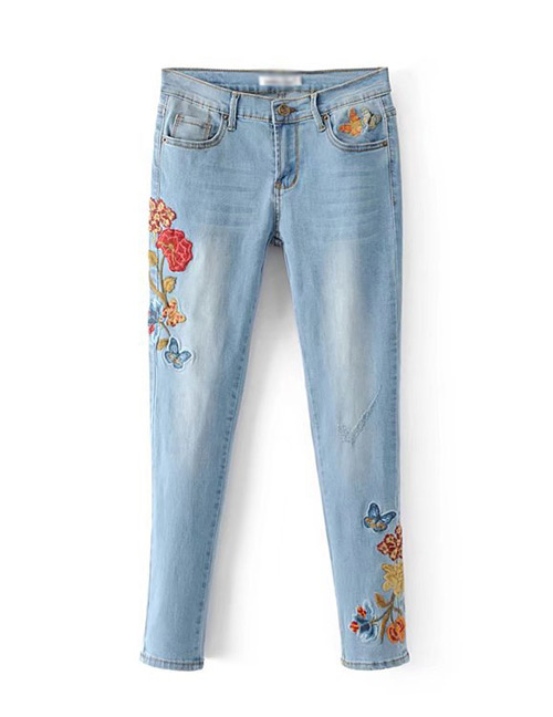 Vintage Light Blue Embroidery Flower Decorated Jeans