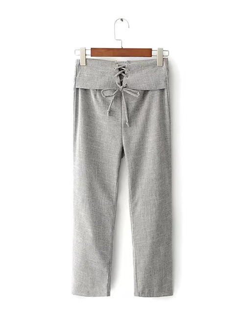 Elegant Gray Pure Color Decorated Wide-leg Trousers