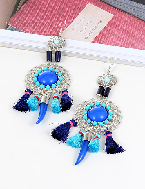 Fashion Sapphire Blue Hollow Out Decorated Tassel Earrings