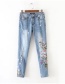 Fashion Blue Embroidery Flower Decorated Jeans Pant