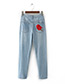 Fashion Blue Embroidery Flower Decorated Holes Jeans