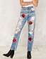 Fashion Blue Embroidery Flower Decorated Holes Jeans