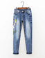 Trendy Blue Embroidered Phoenix Decorated Simple Jeans