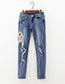 Trendy Blue Embroidered Peony Decorated Simple Jeans