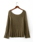 Trendy Olive Round Neckline Decorated Pure Color Sweater