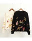 Trendy Black Embroidery Flower Decorated Round Neckline Sweater
