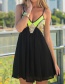 Trendy Green V Neckline Design Patchwork Suspender Dress