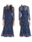 Trendy Blue Flower Pattern Decorated Hollow Out Long Dress