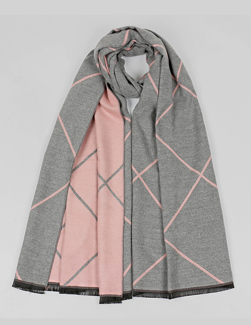 Fashion Pink+gray Grid Pattern Decorated Thicken Scarf