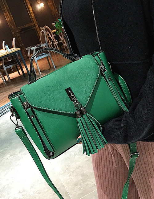Trendy Green Tassel Decorated Pure Color Shoulder Bag