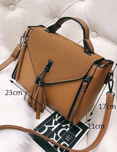 Trendy Brown Tassel Decorated Pure Color Shoulder Bag