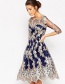 Elegant Sapphire Blue Embroidery Flower Decorated Dress