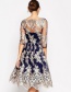 Elegant Sapphire Blue Embroidery Flower Decorated Dress