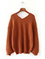 Fashion Brown Pure Color Decorated V-neckline Sweater