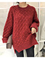 Fashion Red Round Neckline Design Pure Color Sweater