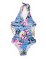 Sexy Blue Flower Pattern Decorated V Neckline Swimwear