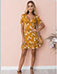Fashion Orange V Neckline Design Flower Pattern Dress