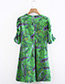 Fashion Green Flower Shape Pattern Decorated Round Neckline Dress