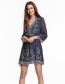 Fashion Navy Embroidery Flower Design Long Sleeves Dress