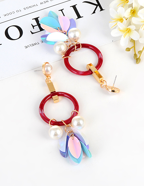 Elegant Claret Red Pearls&circular Ring Decorated Earrings