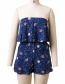 Fashion Blue Flower Shape Pattern Decorated Strapless Jumpsuit