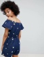 Fashion Navy Round Neckline Design Flower Pattern Jumpsuit