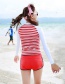 Sexy Red+white Stripe Pattern Design Long Sleeves Swimsuit(3pcs)