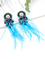 Vintage Blue Feather Decorated Long Tassel Earrings