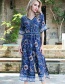 Fashion Blue Flower Pattern Decorated V Neckline Jumpsuit