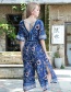 Fashion Blue Flower Pattern Decorated V Neckline Jumpsuit