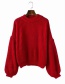 Fashion Red Puff Sleeves Design Pure Color Sweater
