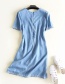Fashion Blue Round Neckline Design Embroidered Dress
