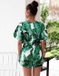 Fashion Green V Neckline Design Leaf Pattern Decorated Jumpsuit