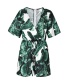 Fashion Green V Neckline Design Leaf Pattern Decorated Jumpsuit