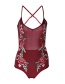 Sexy Claret Red Off-the-shoulder Design Flower Patternm Swimwear