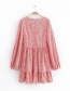 Fashion Pink Leaf Pattern Decorated V Neckline Dress