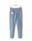 Fashion Blue Embroidered Flowers Decorated Jeans