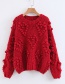 Fashion Red Pure Color Decorated Round Neckline Sweater